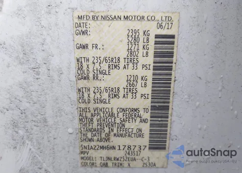 2017 Nissan Murano Sl из США, поврежденный, VIN 5N1AZ2MH6HN178737